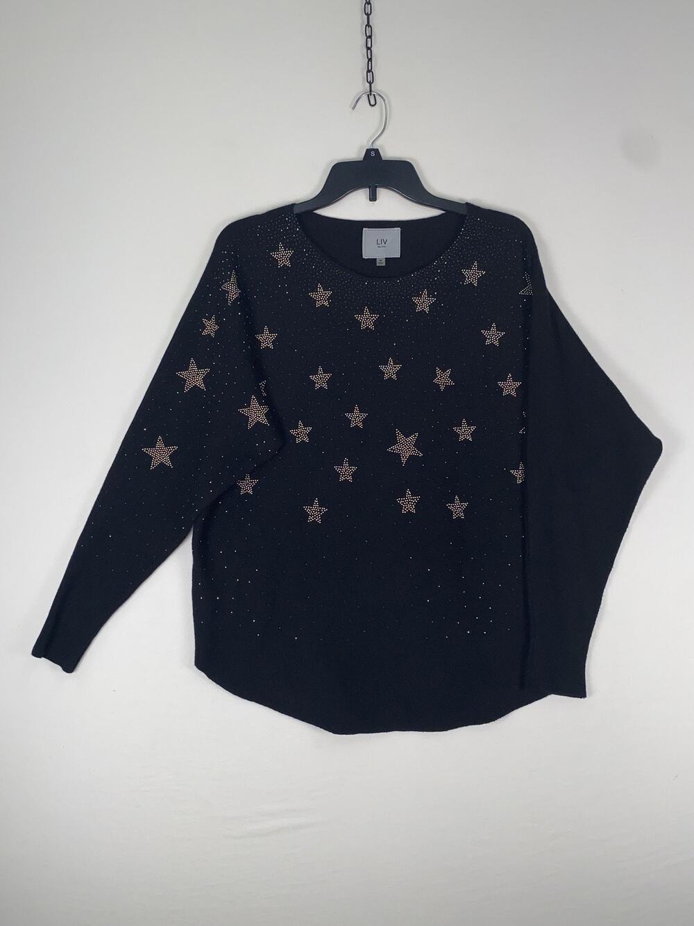 LIV Milano Sweater Womens Medium Black Rhinestone Star Dolman Knit Pullover